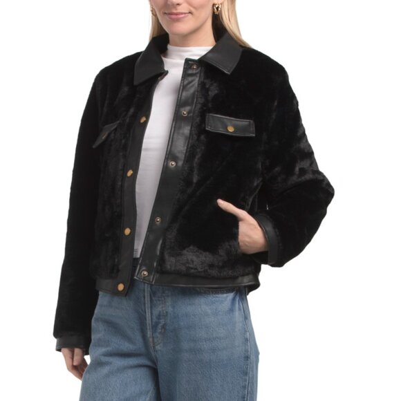 REBECCA MINKOFF Black Cropped Faux Fur Collared Coat - Picture 1 of 2